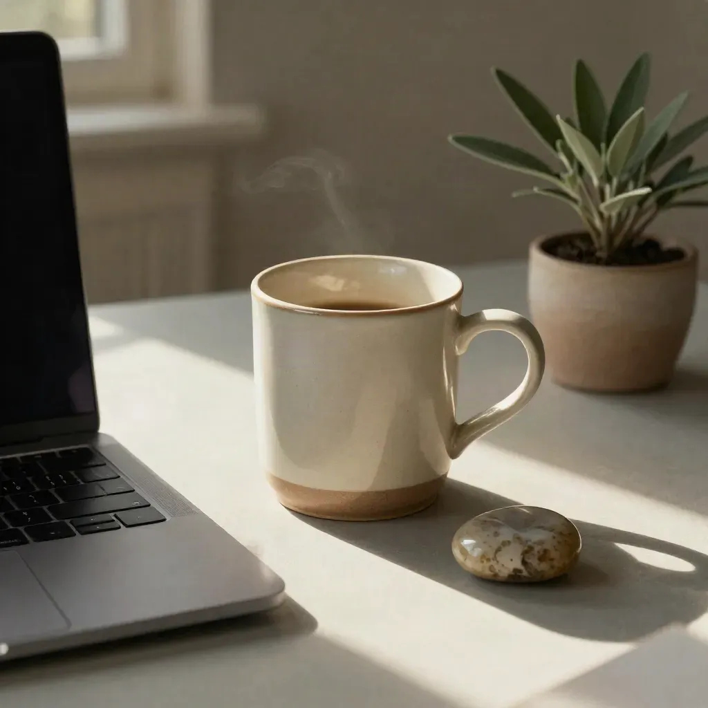 Closed laptop, mug, stone paperweight, and tiny plant on a pale desk in late-afternoon light.