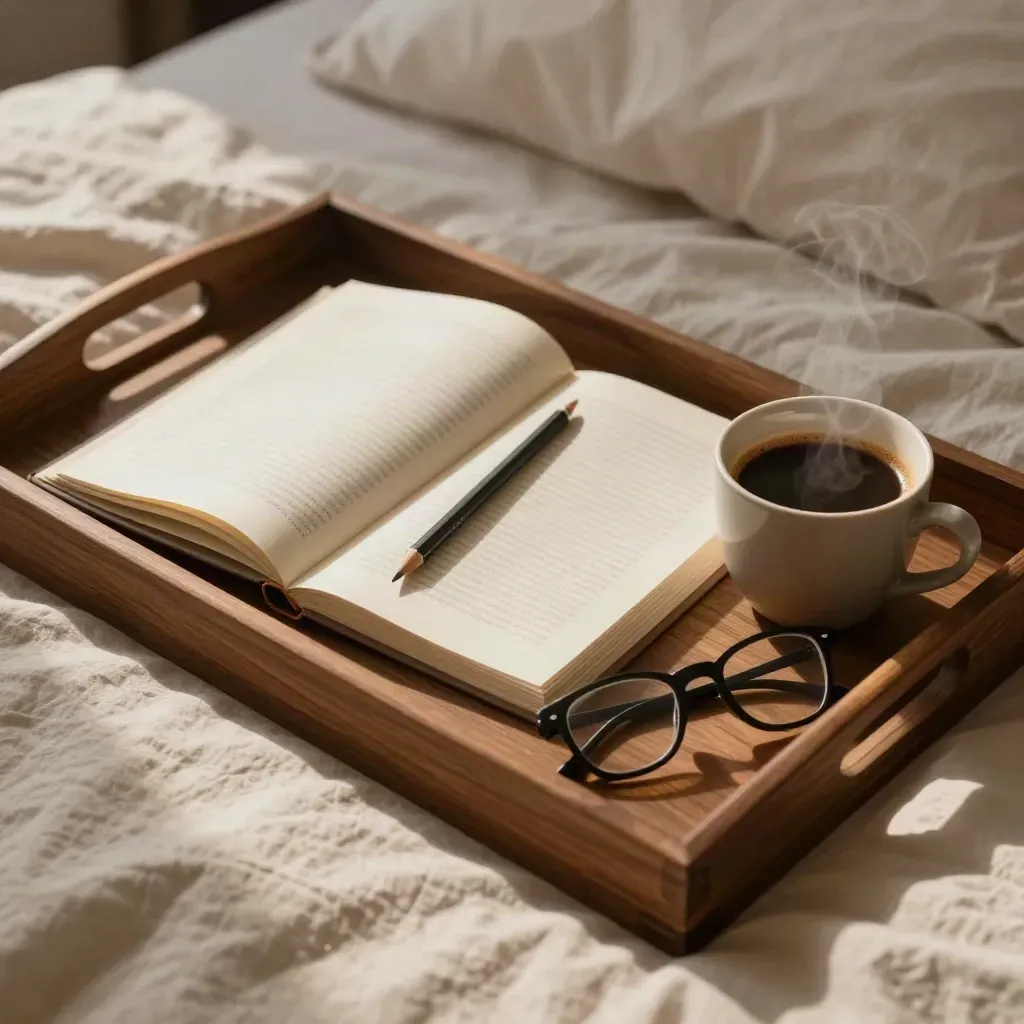Journal, pencil, coffee cup, and glasses on a bed tray in soft morning light.