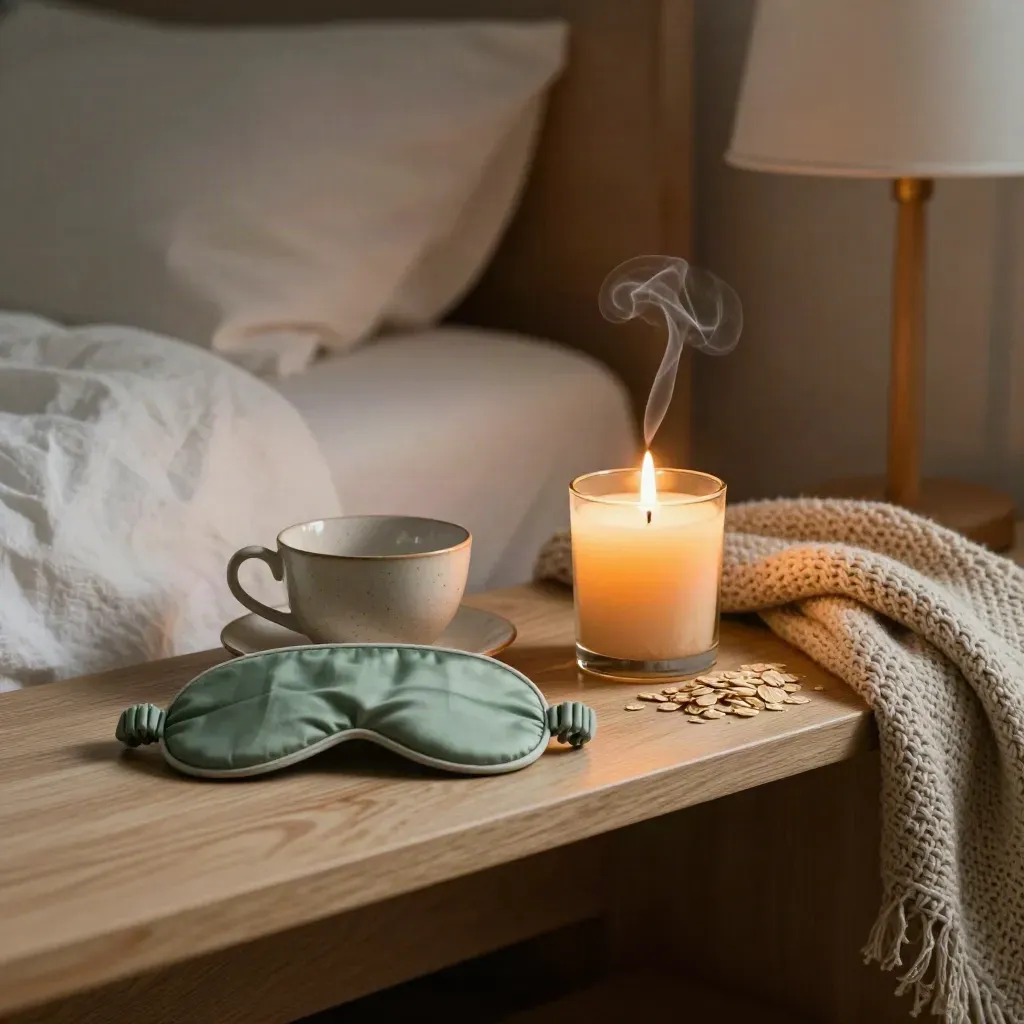Bedside shelf with tea cup, sage sleep mask, lit candle, and knit throw in soft dawn glow