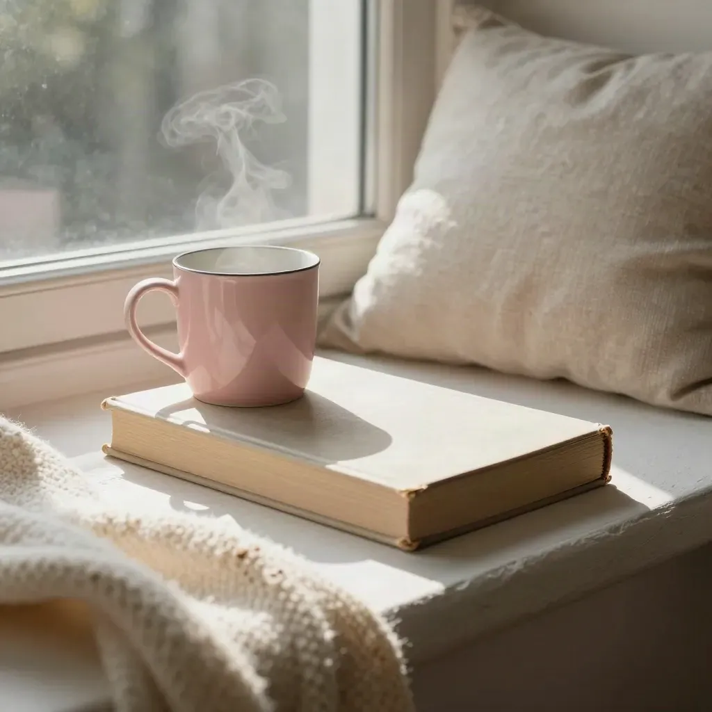 Closed novel, blush mug, and wool throw in a sunlit window nook.