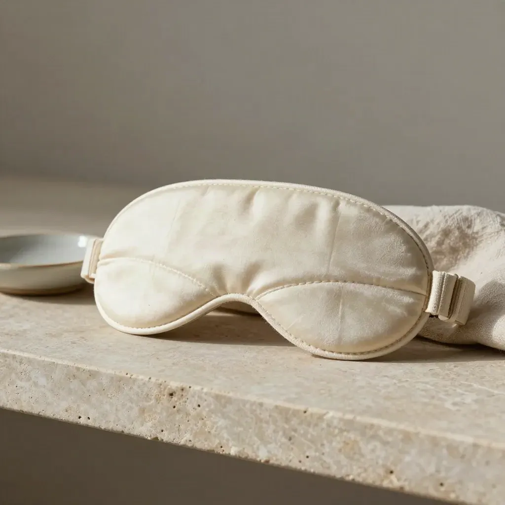 Ivory eye mask on stone shelf with ceramic dish and linen edge in soft daylight