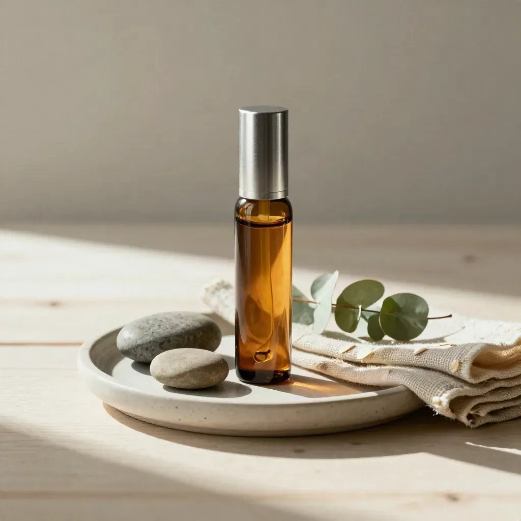 Amber aromatherapy roller with eucalyptus oil and stones on a pale tray in soft window light.